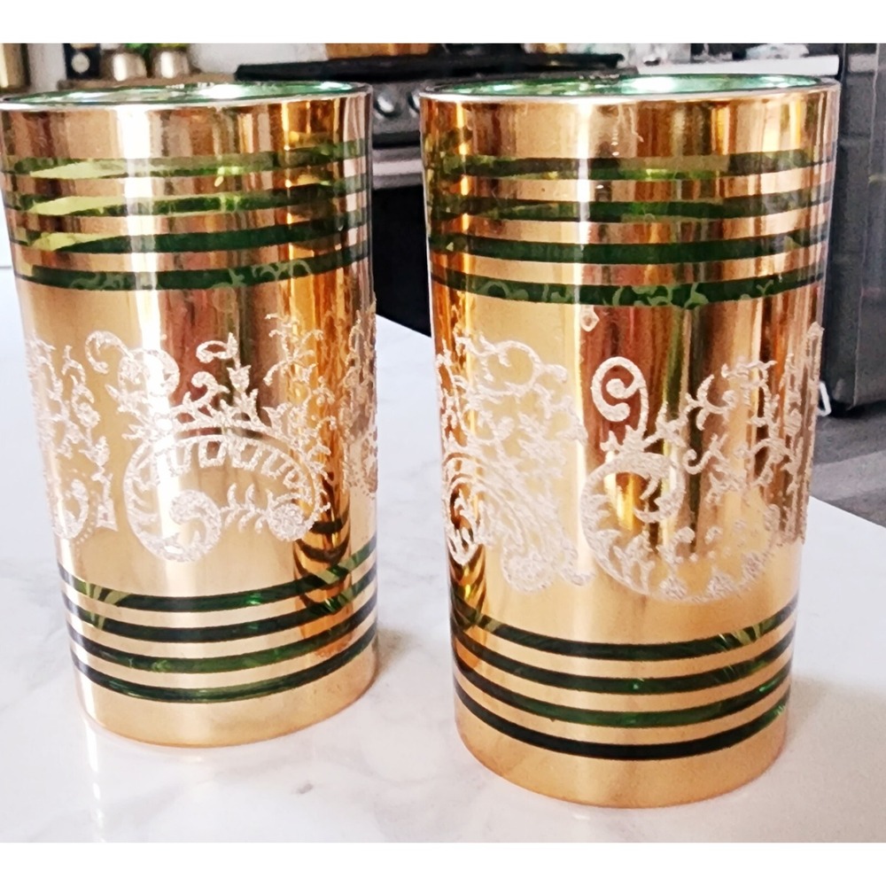 Cocktail Juice Glasses Gold Green with Raised Floral Pattern Set of 2 Korea